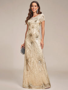 Color=Gold | Round Neck Sequin Shiny Wholesale Evening Dresses-Gold 3
