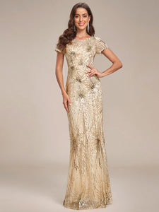 Color=Gold | Round Neck Sequin Shiny Wholesale Evening Dresses-Gold 1
