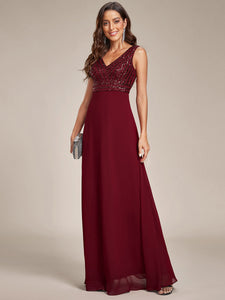 Color=Burgundy | Sleeveless VNeck Sequin & Chiffon Wholesale Evening Dresses-Burgundy 3