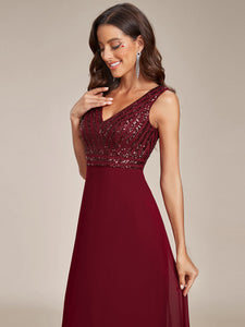 Color=Burgundy | Sleeveless VNeck Sequin & Chiffon Wholesale Evening Dresses-Burgundy 5