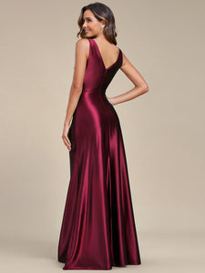 Color=Burgundy | Elegant V Neck Split Ruffles Wholesale Stain Evening Dresses-Burgundy 2