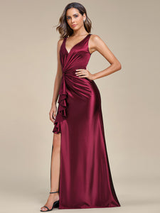 Color=Burgundy | Elegant V Neck Split Ruffles Wholesale Stain Evening Dresses-Burgundy 3