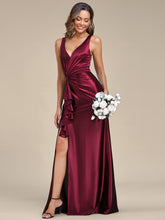 Load image into Gallery viewer, Color=Burgundy | Elegant V Neck Split Ruffles Wholesale Stain Evening Dresses-Burgundy 4