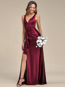 Color=Burgundy | Elegant V Neck Split Ruffles Wholesale Stain Evening Dresses-Burgundy 4