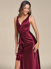 Load image into Gallery viewer, Color=Burgundy | Elegant V Neck Split Ruffles Wholesale Stain Evening Dresses-Burgundy 5