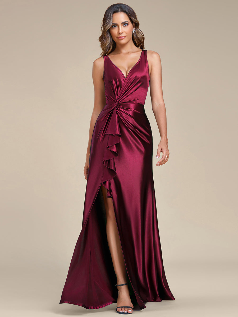 Color=Burgundy | Elegant V Neck Split Ruffles Wholesale Stain Evening Dresses-Burgundy 1