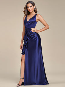 Color=Navy Blue | Elegant V Neck Split Ruffles Wholesale Stain Evening Dresses-Navy Blue 10