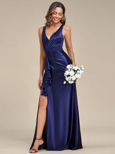 Color=Navy Blue | Elegant V Neck Split Ruffles Wholesale Stain Evening Dresses-Navy Blue 11