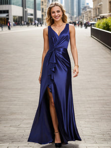 Color=Navy Blue | Elegant V Neck Split Ruffles Wholesale Stain Evening Dresses-Navy Blue 8