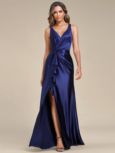 Color=Navy Blue | Elegant V Neck Split Ruffles Wholesale Stain Evening Dresses-Navy Blue 9