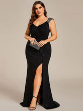 Load image into Gallery viewer, Color=Black | Tea Length Side Split Printed Wholesale Evening Dresses With Belt-Black 3