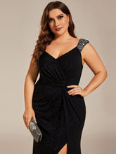 Load image into Gallery viewer, Color=Black | Tea Length Side Split Printed Wholesale Evening Dresses With Belt-Black 4