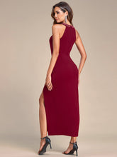 Load image into Gallery viewer, Color=Burgundy | Tea Length Side Split Printed Wholesale Evening Dresses With Belt-Burgundy 2