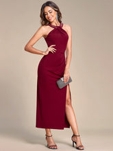 Load image into Gallery viewer, Color=Burgundy | Tea Length Side Split Printed Wholesale Evening Dresses With Belt-Burgundy 3