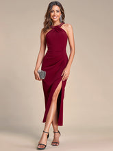Load image into Gallery viewer, Color=Burgundy | Tea Length Side Split Printed Wholesale Evening Dresses With Belt-Burgundy 1