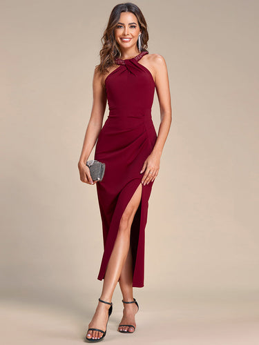 Color=Burgundy | Tea Length Side Split Printed Wholesale Evening Dresses With Belt-Burgundy 1