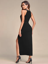 Load image into Gallery viewer, Color=Black | Tea Length Side Split Printed Wholesale Evening Dresses With Belt-Black 2