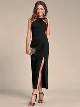 Load image into Gallery viewer, Color=Black | Tea Length Side Split Printed Wholesale Evening Dresses With Belt-Black 4