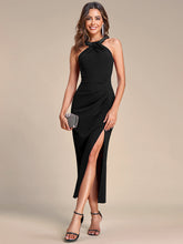 Load image into Gallery viewer, Color=Black | Tea Length Side Split Printed Wholesale Evening Dresses With Belt-Black 1