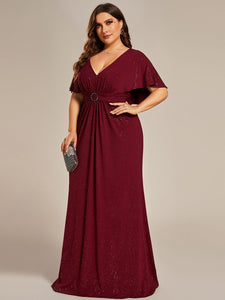 Color=Burgundy | Sparkly Deep V Neck Pleated Wholesale Evening Dresses With Belt-Burgundy 3