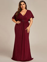 Load image into Gallery viewer, Color=Burgundy | Sparkly Deep V Neck Pleated Wholesale Evening Dresses With Belt-Burgundy 1