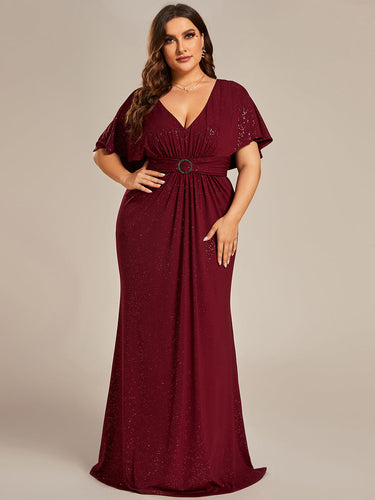 Color=Burgundy | Sparkly Deep V Neck Pleated Wholesale Evening Dresses With Belt-Burgundy 1