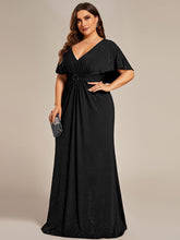 Load image into Gallery viewer, Color=Black | Sparkly Deep V Neck Pleated Wholesale Evening Dresses With Belt-Black 3