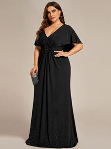Color=Black | Sparkly Deep V Neck Pleated Wholesale Evening Dresses With Belt-Black 3