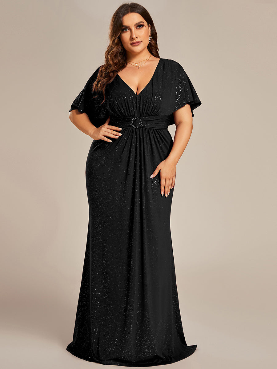 Color=Black | Sparkly Deep V Neck Pleated Wholesale Evening Dresses With Belt-Black 1