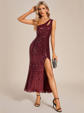 Load image into Gallery viewer, Color=Burgundy | One Shoulder Tea Length Split Sequin Wholesale Evening Dresses-Burgundy 4