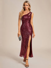 Load image into Gallery viewer, Color=Burgundy | One Shoulder Tea Length Split Sequin Wholesale Evening Dresses-Burgundy 1