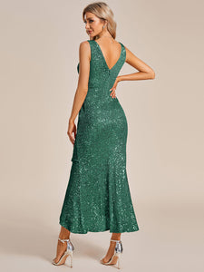 Sparkly Tea Length Ruffles Wholesale Sequin Evening Dresses#Color_Dark Green