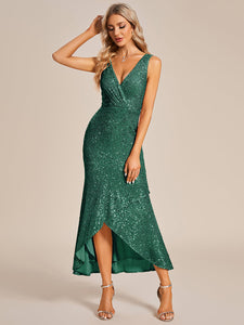 Sparkly Tea Length Ruffles Wholesale Sequin Evening Dresses#Color_Dark Green