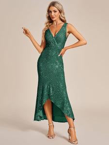 Sparkly Tea Length Ruffles Wholesale Sequin Evening Dresses#Color_Dark Green
