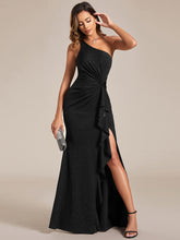 Load image into Gallery viewer, Color=Black | Shining One-Shoulder Spaghetti Strap Bodycon Evening Dresses-Black 4