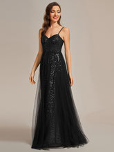 Load image into Gallery viewer, Color=Black | Exquisite Empire Waist Sequin Shiny A-Line Floor Length Sweetheart Neckline Spaghetti Straps Wholesale Evening Dress-Black 
