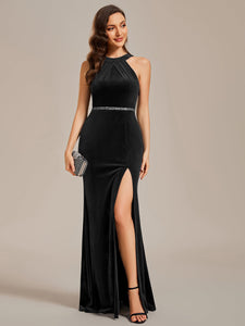 Halter Neck Side Split Velvet Wholesale Evening Dresses#Color_Black