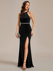 Halter Neck Side Split Velvet Wholesale Evening Dresses#Color_Black