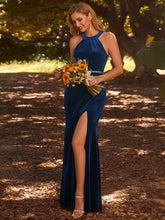 Load image into Gallery viewer, Halter Neck Side Split Velvet Wholesale Evening Dresses#Color_Navy Blue