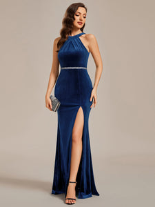 Halter Neck Side Split Velvet Wholesale Evening Dresses#Color_Navy Blue