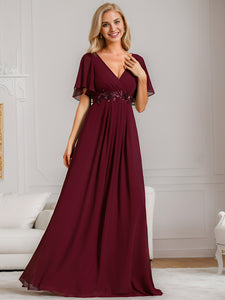 Color=Burgundy | V Neck Appliques Pleated Wholesale Bridesmaid Dresses-Burgundy 25