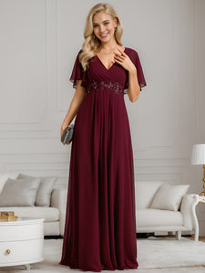 Color=Burgundy | V Neck Appliques Pleated Wholesale Bridesmaid Dresses-Burgundy 29