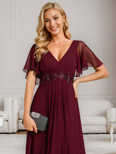 Load image into Gallery viewer, Color=Burgundy | V Neck Appliques Pleated Wholesale Bridesmaid Dresses-Burgundy 28