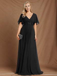 Color=Black | V Neck Appliques Pleated Wholesale Bridesmaid Dresses-Black 39
