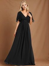 Load image into Gallery viewer, Color=Black | V Neck Appliques Pleated Wholesale Bridesmaid Dresses-Black 37