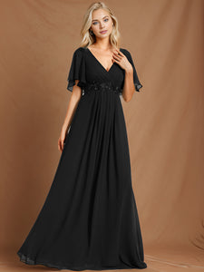 Color=Black | V Neck Appliques Pleated Wholesale Bridesmaid Dresses-Black 37