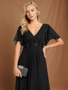 Color=Black | V Neck Appliques Pleated Wholesale Bridesmaid Dresses-Black 40