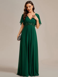 Color=Dark Green | V Neck Appliques Pleated Wholesale Bridesmaid Dresses-Dark Green 2