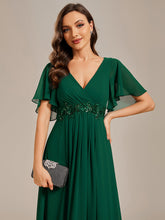 Load image into Gallery viewer, Color=Dark Green | V Neck Appliques Pleated Wholesale Bridesmaid Dresses-Dark Green 5