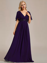Load image into Gallery viewer, Color=Dark Purple | V Neck Appliques Pleated Wholesale Bridesmaid Dresses-Dark Purple 